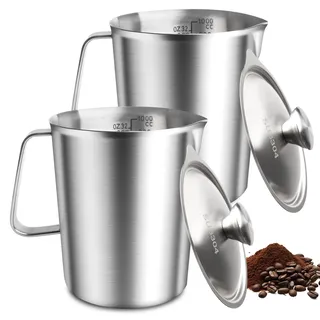 2 Stück Messbecher Edelstahl 1L, Milchkännchen mit Markierung und Deckel, Messkanne mit Ausgießlippe, Milk Pitcher, Messbecher Edelstahl 304 Spülmaschinengeeignet für Küche Café Restaurant