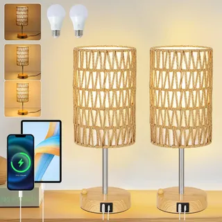 Rayofly Nachttischlampe 2er Set, Touch Dimmbar Nachttischlampe mit Ladefunktion USB A+C-Anschlüssen, Vintage Tischlampe mit Rattan Schirm & LED Glühbirne, Boho Touch Lamp für Schlafzimmer, Wohnzimmer