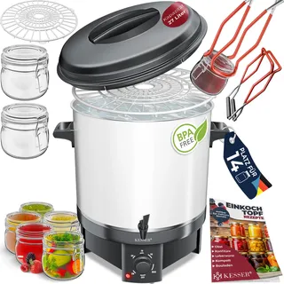 KESSER Einkochautomat 27 Liter, Edelstahl| 1800 Watt | Temperatur von 30-100°C | Dauerbetrieb | Abschaltautomatik Einkochvollautomat Heißgetränkeautomat Glühweintopf mit Zange & 2 Gläsern - Weiß