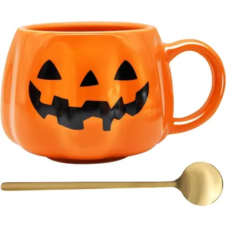 CharmBurst Kürbis Tasse Halloween, 12oz Keramikbecher Mit Schwarzem Gesicht, Niedlicher Kaffeebecher Herbst, Kürbisform Tasse Für Herbst Deko Geburtstag, Trinkbecher