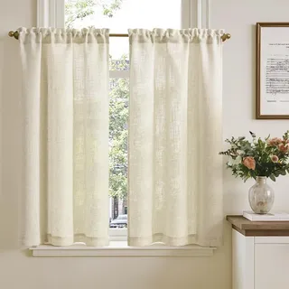 TOPICK Scheibengardinen Leinenoptik Bistrogardine für Wohnzimmer Küche Kleine Fenster Lichtdurchlässig Küchenvorhänge Kurz Gardinen Landhaus Scheibengardinen Tunnelzug 2er Set 65x115 cm Natur