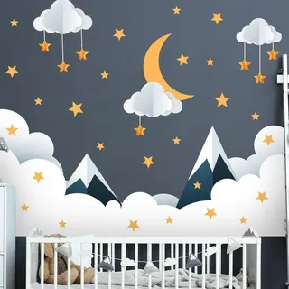 Wandsticker Kinder Deko Babyzimmer Wandtattoo Kinderzimmer Wandsticker Berge in den Sternen und Wolken H60 x L90 cm