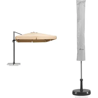 Schneider Sonnenschirm Rhodos, Natur, 300 x 300 cm quadratisch, 782-02, Gestell Alu/Stahl, Bespannung Polyester, 24 kg & Schutzhülle für Sonnenschirme bis 200 cm Ø, 817-00, silbergrau, 135 x 20/25 cm