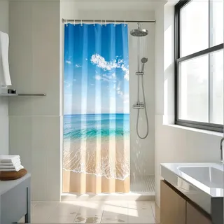 YISURE Duschvorhang Motiv Strand 120X200 für Badezimmer | Ozean Welle Stern Duschvorhänge badewanne Textil Schimmelresistent mit 8 Metallösen, Breite 120 x Höhe 200cm