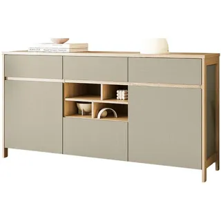 Furn.Design Sideboard Salbei grün, Eiche, Kommode skandinavisch 164 cm, Soft-Close , Salbeigrün, Eichefarben , Holzwerkstoff , Nachbildung,Eiche , Holz Optik , 2 Fächer , 3 Schubladen , 164x85x39 cm , FSC Mix , Kleinmöbel, Kommoden, Sideboards