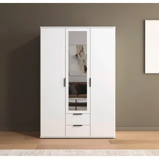 Rauch Möbel ESSEA Drehtürenschrank Kleiderschrank, Garderobe Schrank Kleiderschrank weiß 3-türig, 1 Spiegeltüre, 2 Schubkästen, Spiegel/Glas teilaufgelegt, Farbe Alpinweiß, 127x188x52cm