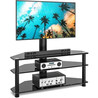 Rfiver TV Rack Glas Fernsehtisch TV Ständer für 32-70 Zoll Fernseher, ±45° Schwenkbar & Höhenverstellbar TV Eckschrank Möbel Fernsehschrank mit 3 Regal aus gehärtetem Glas | Max 50KG VESA 600x400mm