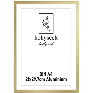 kollyseek Bilderrahmen Aluminium DIN A4 21 x 30 cm Gold Metall Posterrahmen mit bruchsicherem Acrylglas modern Fotorahmen Picture Frame mit Passepartout für Bilder Poster Fotos gold