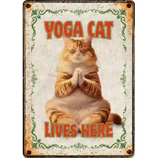 metallschild personalisiert - Yoga Cat - Dekoratives Metallschild - Katzenmotiv - Wanddekoration für Katzenliebhaber - Flamingo