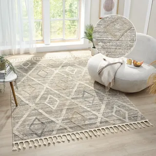 OTTO home Teppich "Otilie" rechteckig 11 mm Höhe dichte Qualität, Woll-Look, Boho, mit Fransen und Rauten, Scandi, braun
