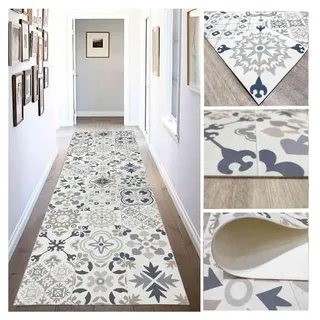 Vinylteppich, hydraulisch, realistisch, für Wohnzimmer, Flur, Küche und Teppich, Beige mit Blau-, Gold- und Orange-Tönen, 80 x 200 cm Tadi & Imperio1979