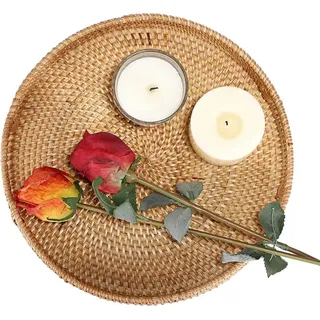 Runde gewebte Rattan-Servierschale mit Griff für Kaffee, Getränke, Frühstück, Tee, Kerzen - trendy und stilvoll