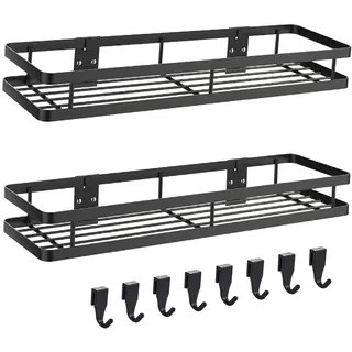 Xylota Gewürzregal ohne Bohren 2 Etagen – Küchenregal Wand aus Metall mit 10 abnehmbaren Haken, 35x12x5,7 cm Schwarz, multifunktionale Duschablage für Badezimmer & Balkon