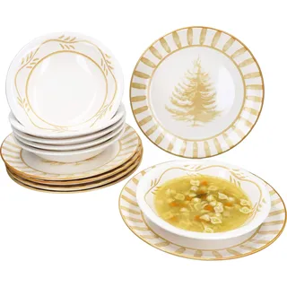 12tlg Tafelservice Wald ocker 6 Personen Essteller Suppenteller Weihnachten - Gelb