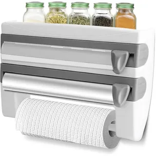 Kitchen Roll Holder, Küchenrollenhalter mit Frischhaltefolie, Wandrollenhalter Paper Towel Holder Rollenhalter mit Cutter ohne Bohren (Grau)