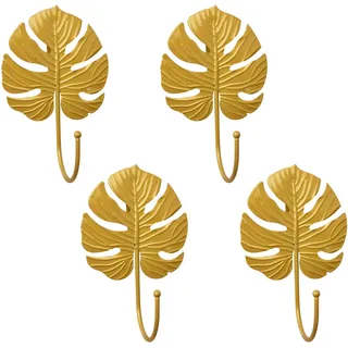 MOROBOR Dekorative Eisenhaken, 4 Stück Monstera Deliciosa Blattform, Wandhaken, moderner Schlüsselhalter, Wandmontage, Gold, einzelne Zinke, Hutaufhänger, Heimbüro, Kinderzimmer, Raumdekoration
