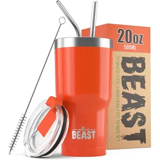 Beast Thermobecher 550 ml - Orange I Mehrweg Thermo Kaffeebecher To Go mit 2 Strohhalmen & Reinigungsbürste I Doppelwandiger Trinkbecher aus Edelstahl I Perfekt für Kaffee oder Eiskaffee I BPA-frei