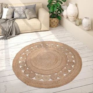 Paco Home Teppich Rund Wohnzimmer Jute Boho Ethno Muster Modern Handgefertigt Naturteppich Natur, 80 cm Rund