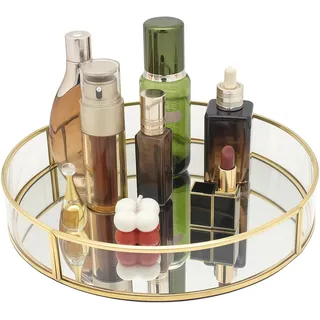 Deko Tablett Rund, SLHEQING Spiegeltablett Gold, Badezimmertablett Glass, Vintage Make up Organizer, Kosmetik Organizer Aufbewahrung Tablett für Badezimmer Schminktisch