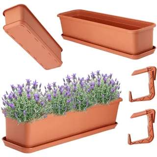 KADAX Blumenkasten 60 cm mit Untersatz und Halterung, Terracotta – Balkonkasten aus Kunststoff, Pflanzkasten für Innen- und Außenbereiche, Blumentopf für Balkon