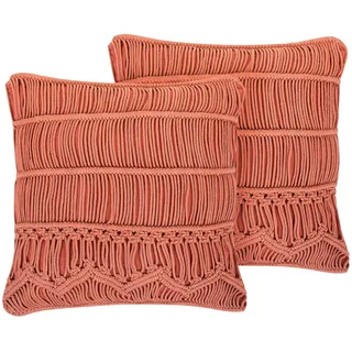 BELIANI Dekokissen 2er Set Orange Baumwolle 45 x 45 cm Strickmuster Boho-Stil Wohnzimmer Salon Schlafzimmer - Orange