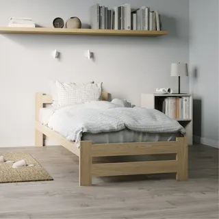 Holzbett 100x200 cm mit Lattenrost Modern Bett Bed Kiefer Massiv Bettgestell Einzelbett Massivholzbett Klassisch | Boho Landhaus Kopfteil mittel natur - Naturbelassen