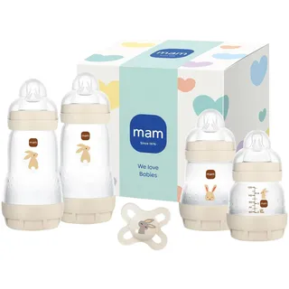 MAM Easy Start Anti-Colic Neugeborenen-Set, 0+ Mon, beige | Enthält 4 Anti-Colic Babyflaschen und 1 Original Start Schnuller, ideal ab der Geburt