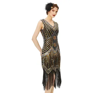 BABEYOND Damen-Charleston-Kleid, 1920er-Jahre, V-Ausschnitt, Great Gatsby-Kleid mit Perlen, Fransen
