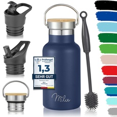 Milu Edelstahl Trinkflasche 350ml 500ml 750ml 1000ml (+3 Deckel) Thermosflasche mit Strohhalm Isolierte Wasserflasche für Kinder, Erwachsene, für unterwegs, auslaufsicher (Navyblau, 350ml)