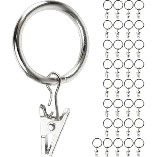 Gardinenklemmen mit Ringen, 30 Pack, in Silber-Farben, Ø 25 mm innen, Gardinenringe für bis Ø 24 mm Dicke Gardinenstangen, Vorhang Ringe Klammer Haken, Gardinen Klemmen Aufziehringe, Curtain Rings