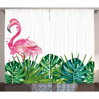 ABAKUHAUS Flamingo Rustikaler Vorhang, Exotische Natur Flamingo, Wohnzimmer Universalband Gardinen mit Schlaufen und Haken, 280 x 245 cm, Grün Blau Rosa - Grün