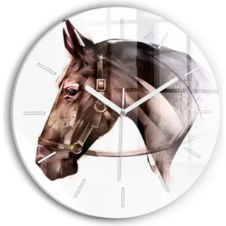 Wallfluent Wanduhr – Stilles Quarzuhrwerk - Uhr Dekoration Wohnzimmer Schlafzimmer Küche - Zifferblatt mit Striche - weiße Zeiger - 30 cm - Gemaltes Profil eines Pferdes - Braun