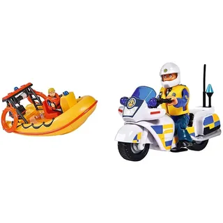 Simba 109251047 - Feuerwehrmann Sam Neptune Boot & 109251092 - Feuerwehrmann Sam Polizei Motorrad, mit Malcolm Figur, mit Zubehör, Staffel 12, ab 3 Jahren