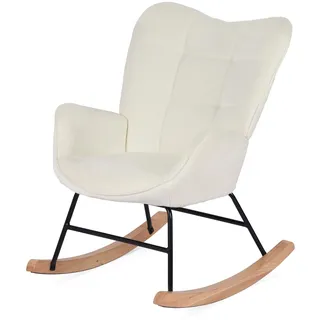 MEUBLE COSY Schaukelstühle Schaukelsessel Schwingstuhl Sessel mit Armlehnen und gepolsterter Sitzfläche für Wohnzimmer Schlafzimmer, Balkon, Metallgestell und Holzkufen, Bouclé-Stoff, Weiß, 62x75x87cm