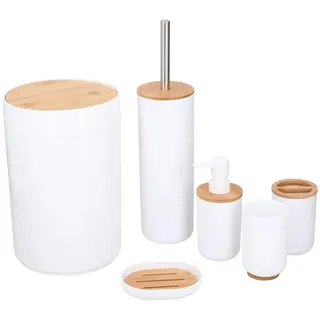 Alpina Badezimmer Set - Bambus Bad Zubehörset - Toilettenzubehörset mit Lotionspender, Mülleimer, Zahnbürstenhalter, Zahnputzbecher, Toilettenbürste und Seifenschale - 6-Teilig