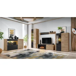Wohnwand ARON mit Rillenfront und Bio Ethanol Kamin LED und Push - Click - Eiche Ribbeck, Schwarz - 320 cm X 192 cm X 45 cm