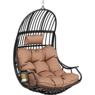 YITAHOME Hängesessel Eierschaukel 150 kg Belastbarkeit, Rattan Schaukelsessel mit Kissen & Getränkehalter, Hängekorbstuhl für Garten, Terrasse, Balkon, Wohnzimmer, Braun