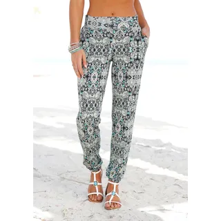 Strandhose LASCANA "mit Ethnoprint aus leichter Viskoseware", Damen, Gr. 38, N-Gr, blau (marine, bedruckt), Jersey, Obermaterial: 95% Viskose, 5% Elasthan, bedruckt, figurumspielend lang, Hosen Strandhose, leichte Sommerhose, luftige Jerseyhose, Topseller