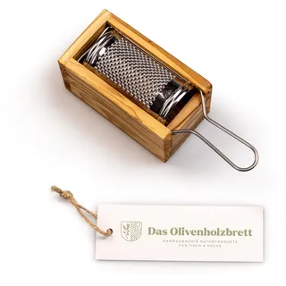 DAS OLIVENHOLZBRETT® Parmesanreibe/2teilig incl Reibe:19cm x6cm x5cm | Mit Auffang-Behälter aus Olivenholzholz/perfekt zum Servieren des geriebenen Käses/sehr dekorativ