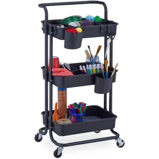 Relaxdays Rollwagen, 3 Etagen, 2 Bremsen, Allzweckwagen für Küche und Büro, Rollregal HBT: 86x43x42 cm, Metall, schwarz