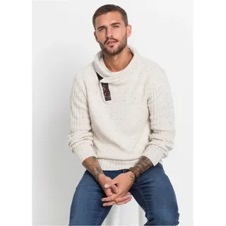 Strickpullover BONPRIX, Herren, Gr. 60/62 (XXL), beige, Strick, Obermaterial: 100% Polyacryl, kontrastfarbene Details, unifarben, regular fit hüftbedeckend, Rundhals, Strickbündchen, Pullover Strickpullover, mit Schalkragen und Knopfverschluss, Langarm