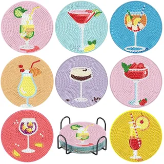 Miquans Art 8 Stück Diamond Painting Untersetzer Mit Halter, Cocktail Diamant Painting für Basteln Erwachsene, DIY Bottom Non-Slip Zubehör für Wohndekoration, Erwachsene