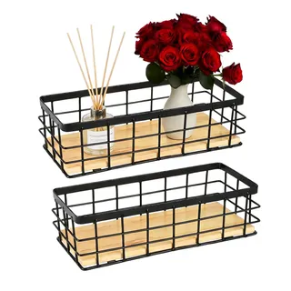 Hynorian Drahtkorb Schwarz 2er Set, Metallkorb mit Holzboden als Aufbewahrungskorb und Wandkorb, vielseitige Hängeaufbewahrung für Küche, Bad, Wohnzimmer und Arbeitsbereich