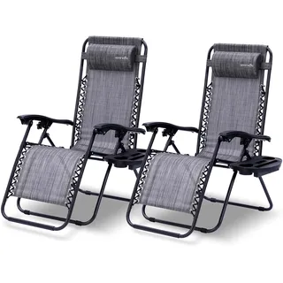 SereneLife Sonnenliege 2er Set Grau – Klappbare Relaxliegen mit Zero Gravity, wetterfest & faltbar, ideal für Garten, Balkon & Camping