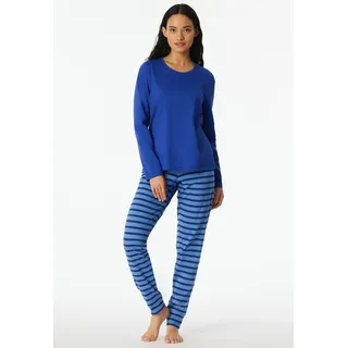 Schlafanzug SCHIESSER "Casual Essentials", Damen, Gr. 42, 819, blau, Single Jersey, Obermaterial: 100% Baumwolle, bequem lang, Rundhals, Homewear-Sets Schlafanzug, mit eingefasster, runder Halsausschnitt