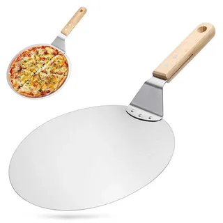Pizzaschieber mit Holzgriff, Pizzaschaufel Edelstahl, 10 Zoll Pizza Schieber, Runder Pizzaschieber zum Backen, Pizza Peel Pizzakruste für Pizza, Kuchen, Brot, Torten