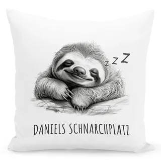 DEL MÀ Unique & Personal Faultier Kissen mit Namen personalisiert Schnarchplatz Schnarchecke Geburtstagsgeschenk Dekokissen Männergeschenk Deko Wohnzimmer Geschenk 40x40 cm inkl. Füllung