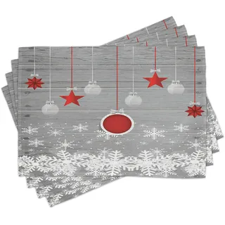 ABAKUHAUS Weihnachten Platzmatten, Sterne-Flitter Schnee, Waschbare Stoff Esszimmer Küche Tischdekorations Digitaldruck, Grau Weiß Rot