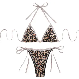 BYFINECANY Damen-Badeanzug, Blumenmuster, Neckholder, Paisleymuster, Sommer-Badeanzug, Bikinis-Set, braun (Leopardenmuster), XS