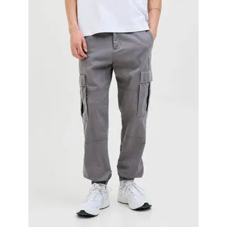 Cargohose JACK & JONES "JPSTKANE JJJONNIE CUFFED CARGO", Herren, Gr. 29, Länge 34, grau (castlerock), Web, Obermaterial: 98% Baumwolle, 2% Elasthan, unifarben, loose fit knöchellang, Hosen Cargohose